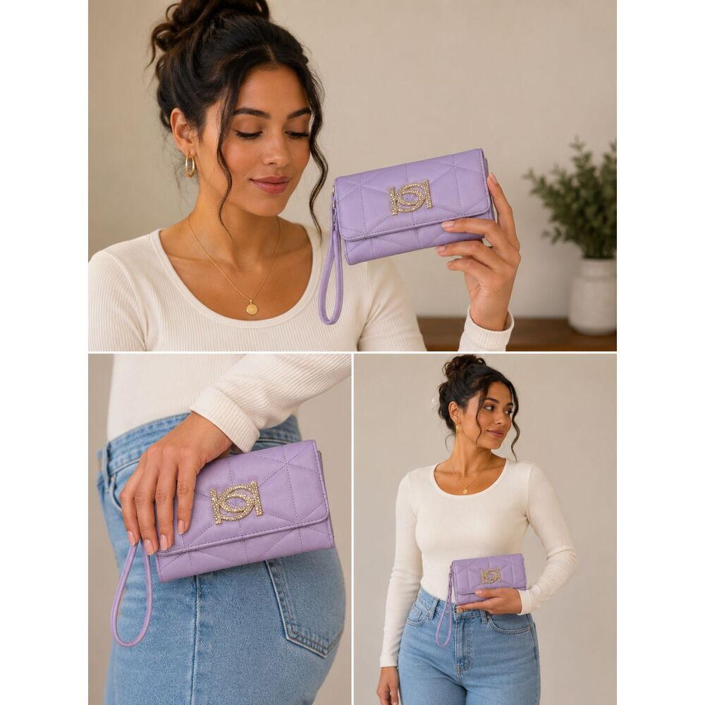 BEBE Lavender Quilted Wristlet Clutch with Crystal Accent